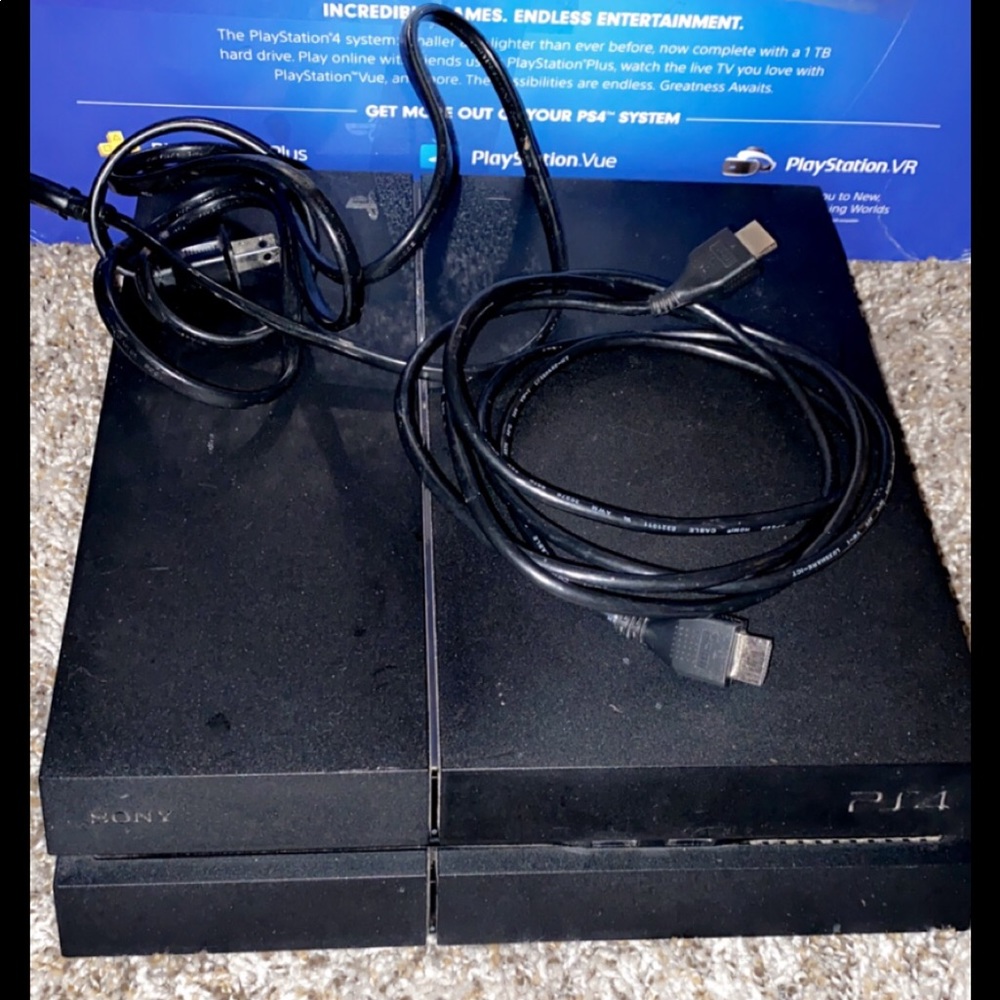 PS4 console with power cable, and HDMI cable